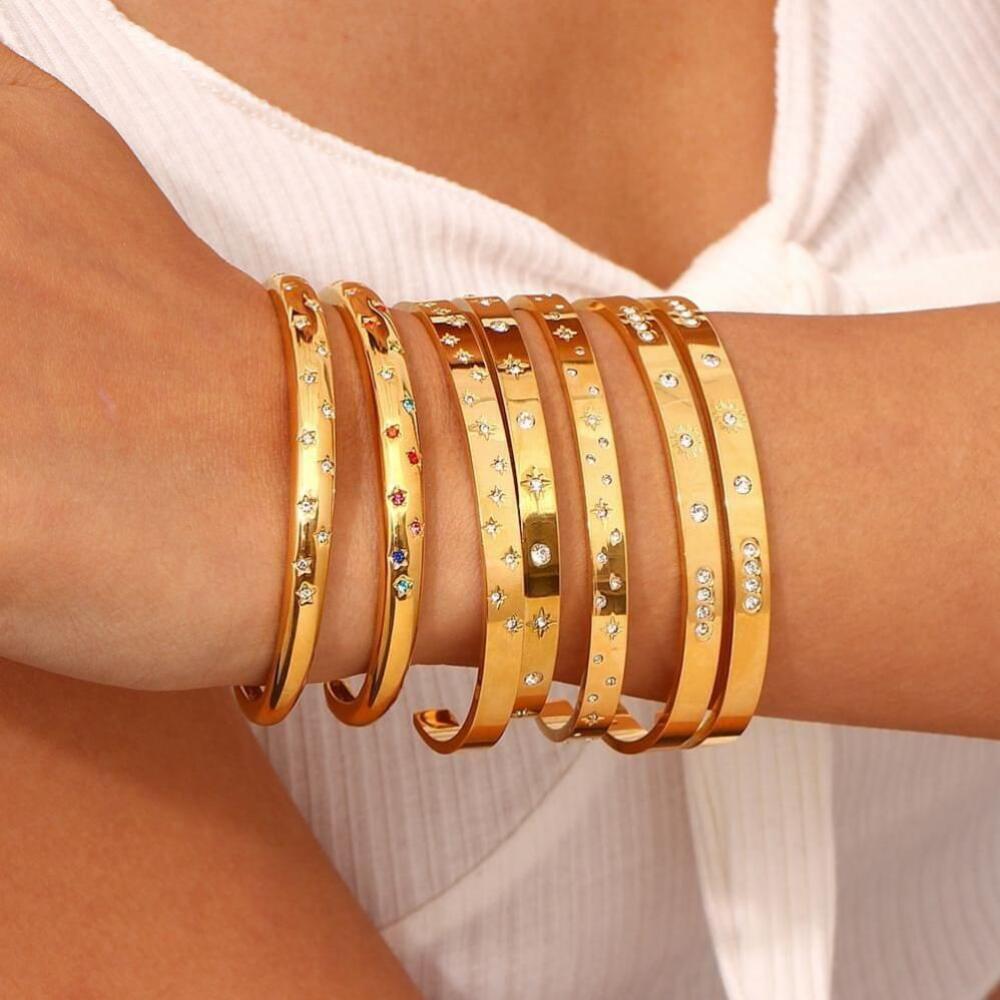 NEW Solid 18k Gold Filled Rainbow Star Cuff Adjustable Stacking Bracelet